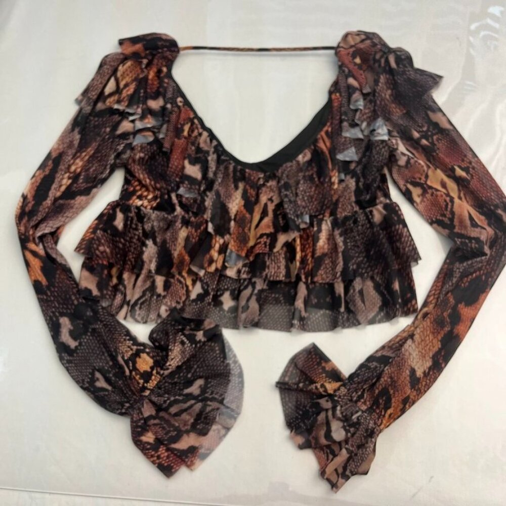 AFRM Addison Snakeskin Ruffle Mesh Crop Top Sheer Blouse - Picture 6 of 10